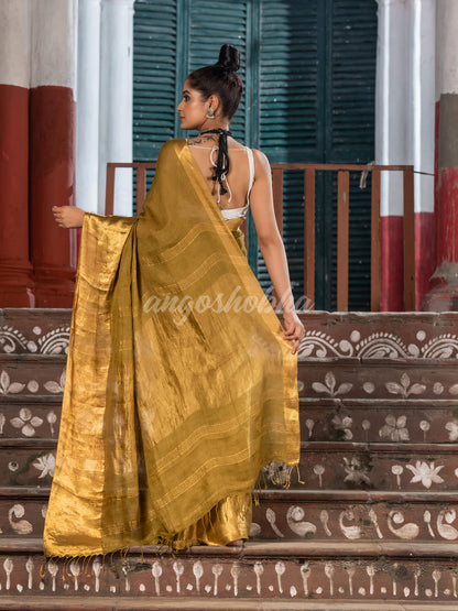 Olive Green Linen Traditional Handloom Saree