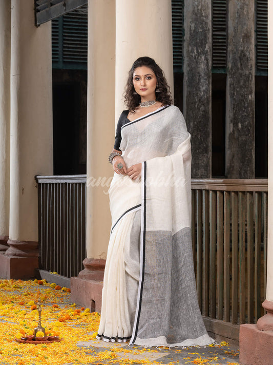 White Twill Weaving With Black Pallu In White And Black Border Handwoven Linen Saree