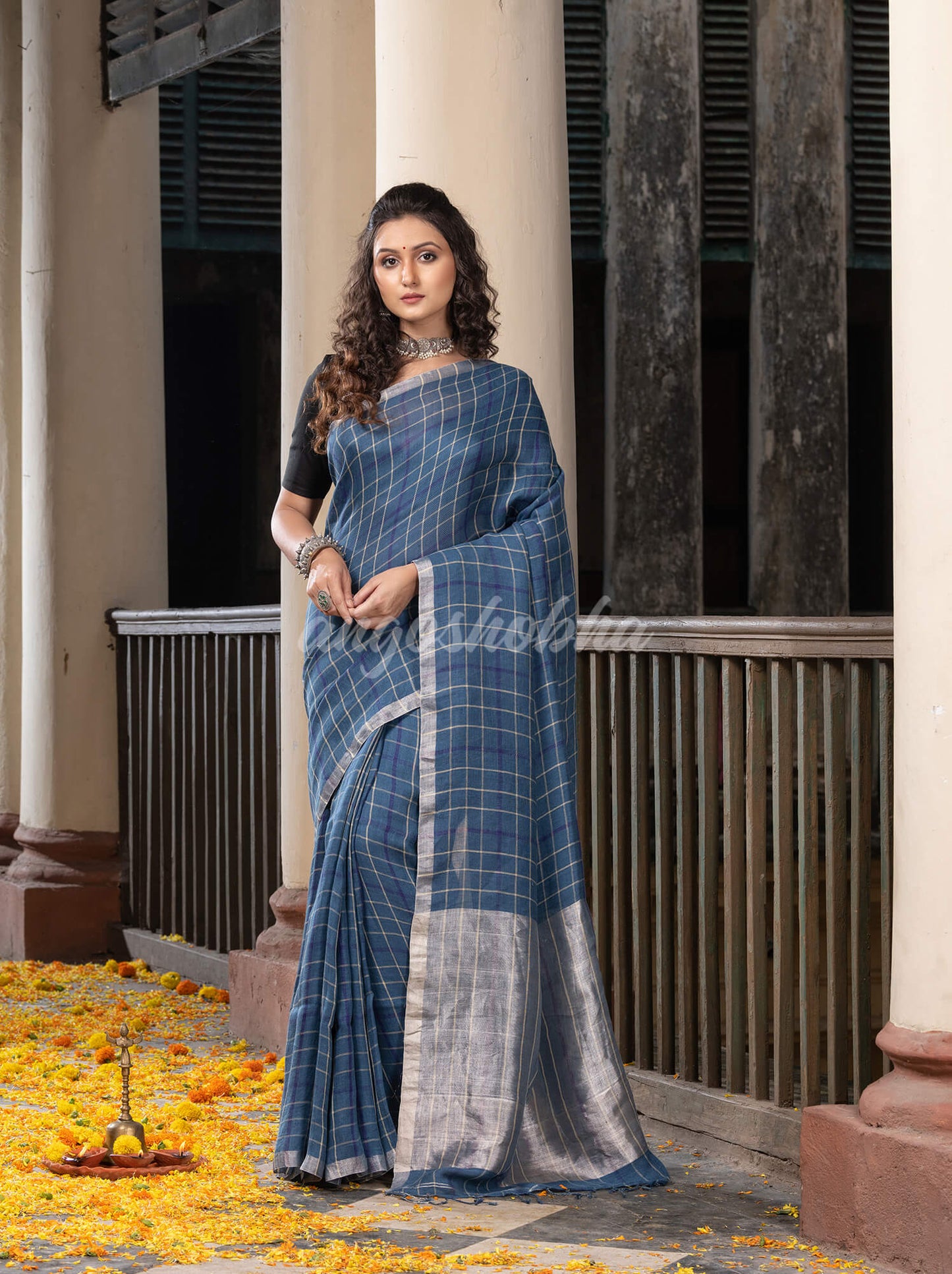 Denim Blue Linen All Body Check With Zari Pallu Handloom Saree