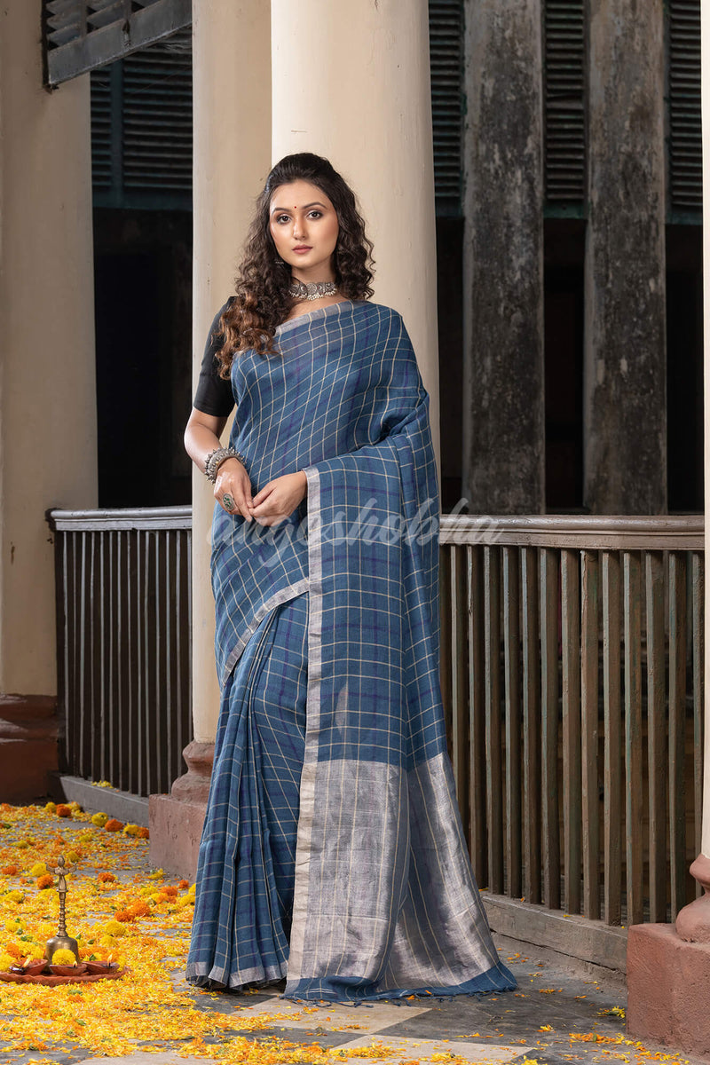 Denim Blue Linen All Body Check With Zari Pallu Handloom Saree