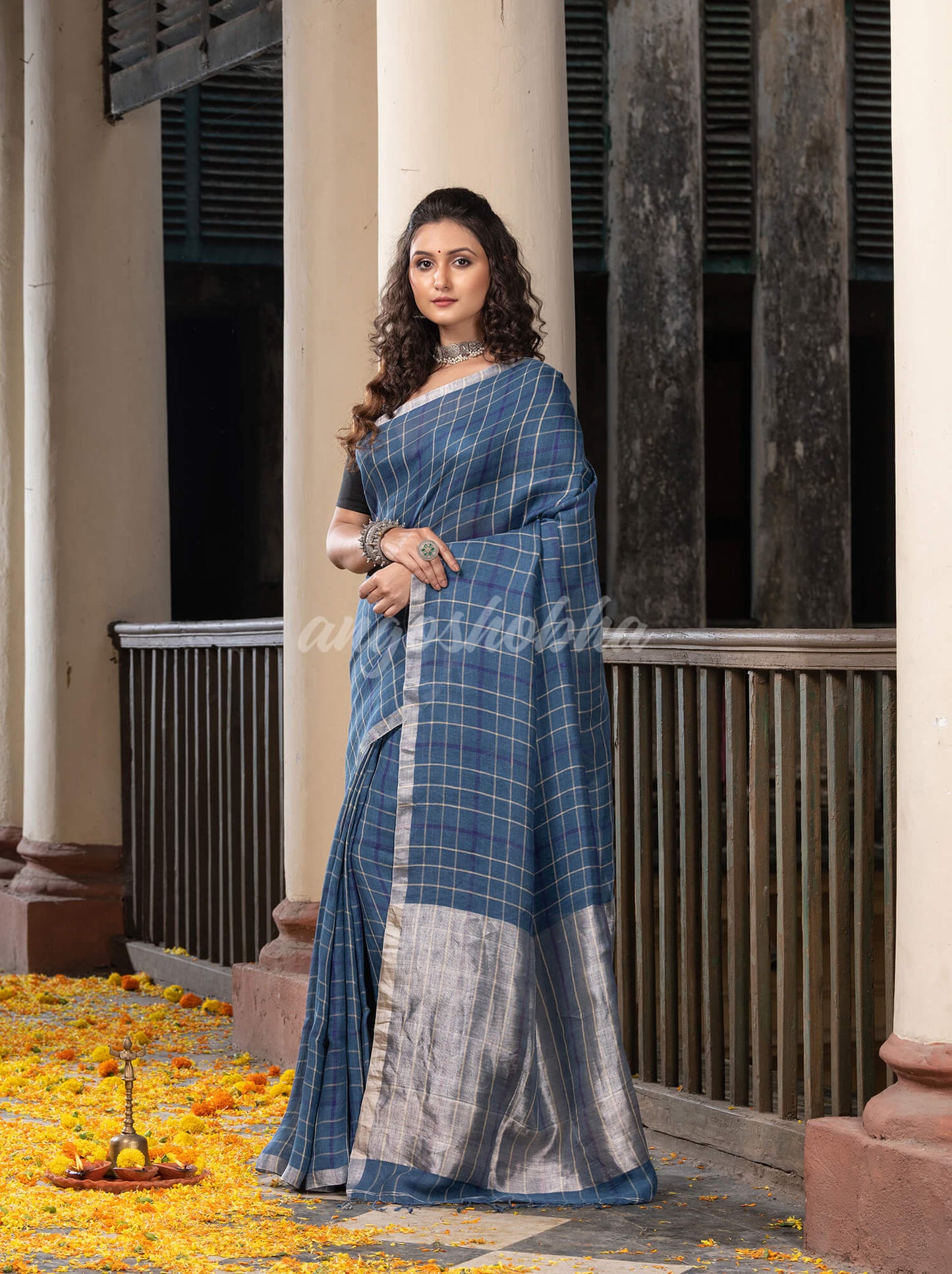 Denim Blue Linen All Body Check With Zari Pallu Handloom Saree