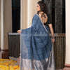 Denim Blue Linen All Body Check With Zari Pallu Handloom Saree