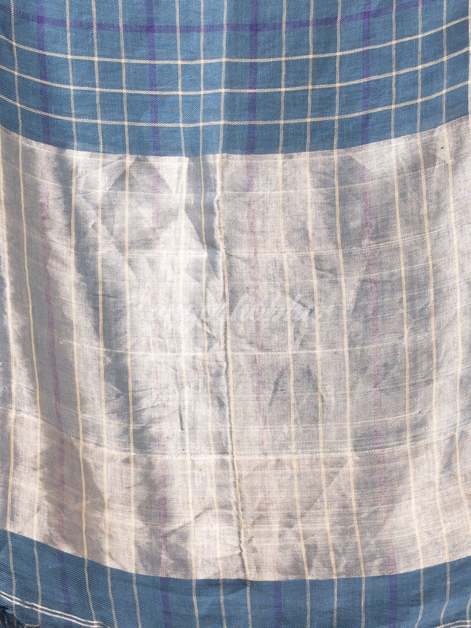 Denim Blue Linen All Body Check With Zari Pallu Handloom Saree