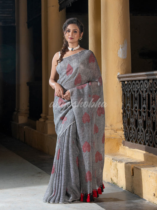 Grey Linen All Body Love Motive Handwoven Saree