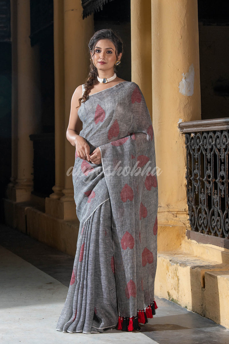 Grey Linen All Body Love Motive Handwoven Saree