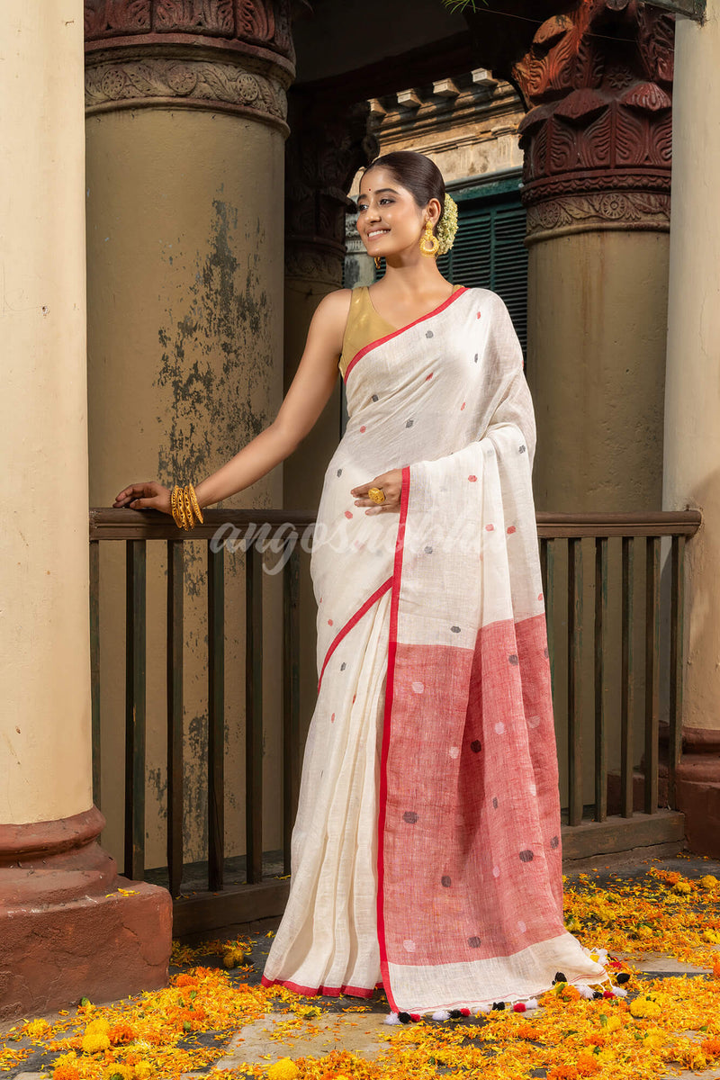 White Linen All Body Buti With Red Pallu Handloom Saree