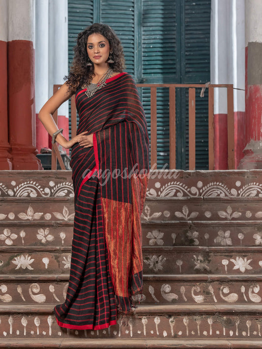 Black Linen All Body Red Stripe With Zari Pallu Handloom Saree