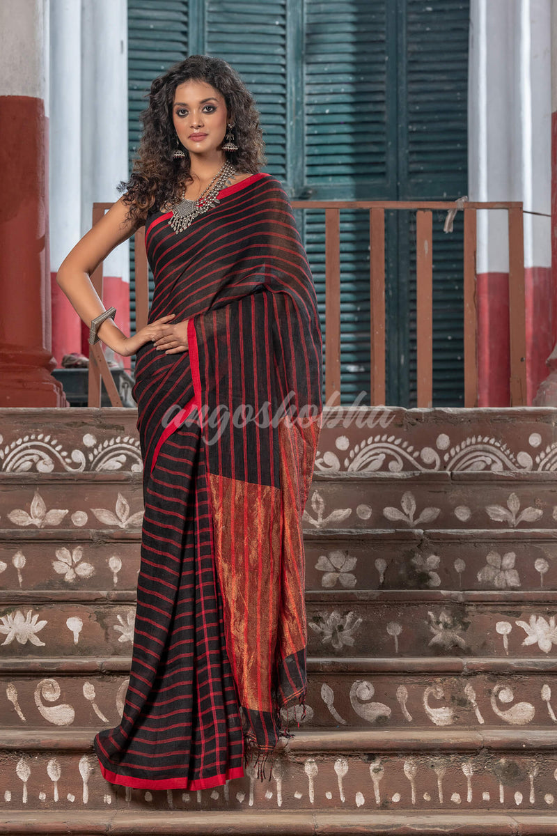Black Linen All Body Red Stripe With Zari Pallu Handloom Saree