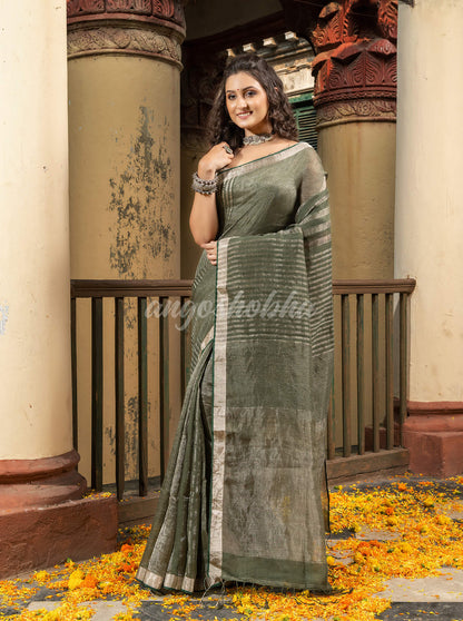 Pasta Green Linen All Body Check Handloom Saree