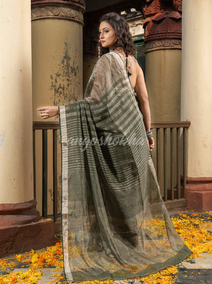 Pasta Green Linen All Body Check Handloom Saree