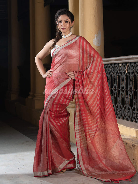 Dark Gajari Linen All Body Check Handloom Saree