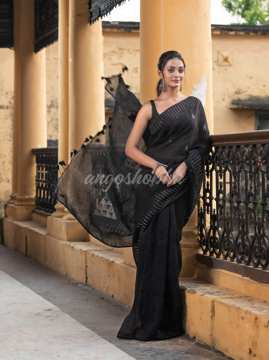 Black Linen Sequin Work Handwoven Saree