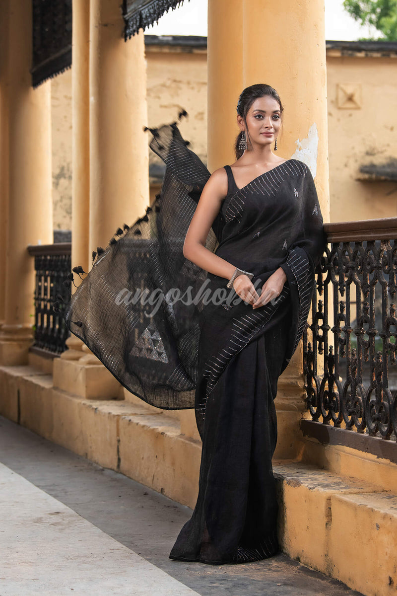 Black Linen Sequin Work Handwoven Saree
