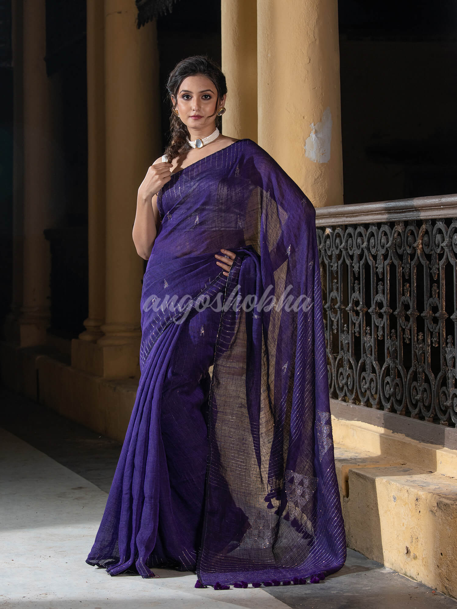 Royal Blue Linen Sequin Work Handwoven Saree