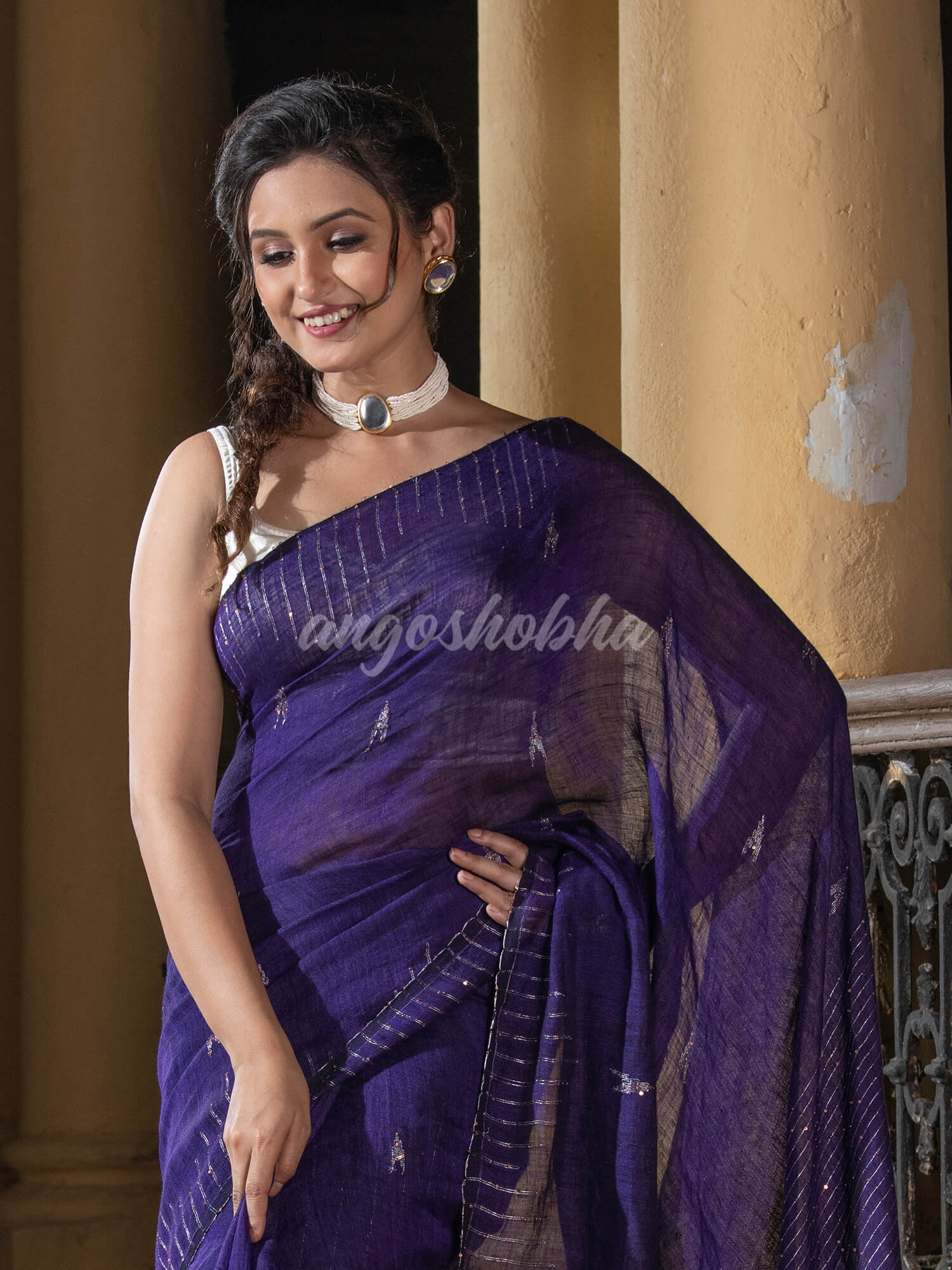 Royal Blue Linen Sequin Work Handwoven Saree