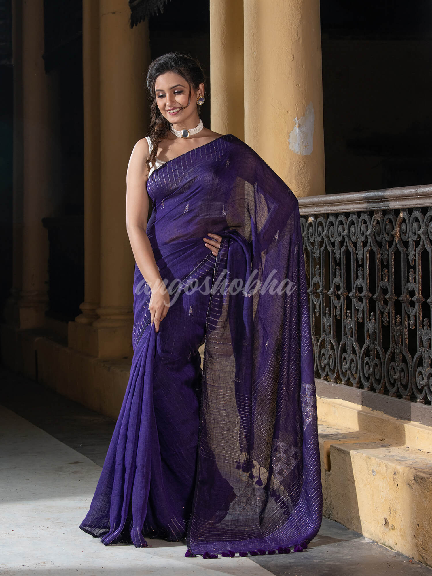 Royal Blue Linen Sequin Work Handwoven Saree