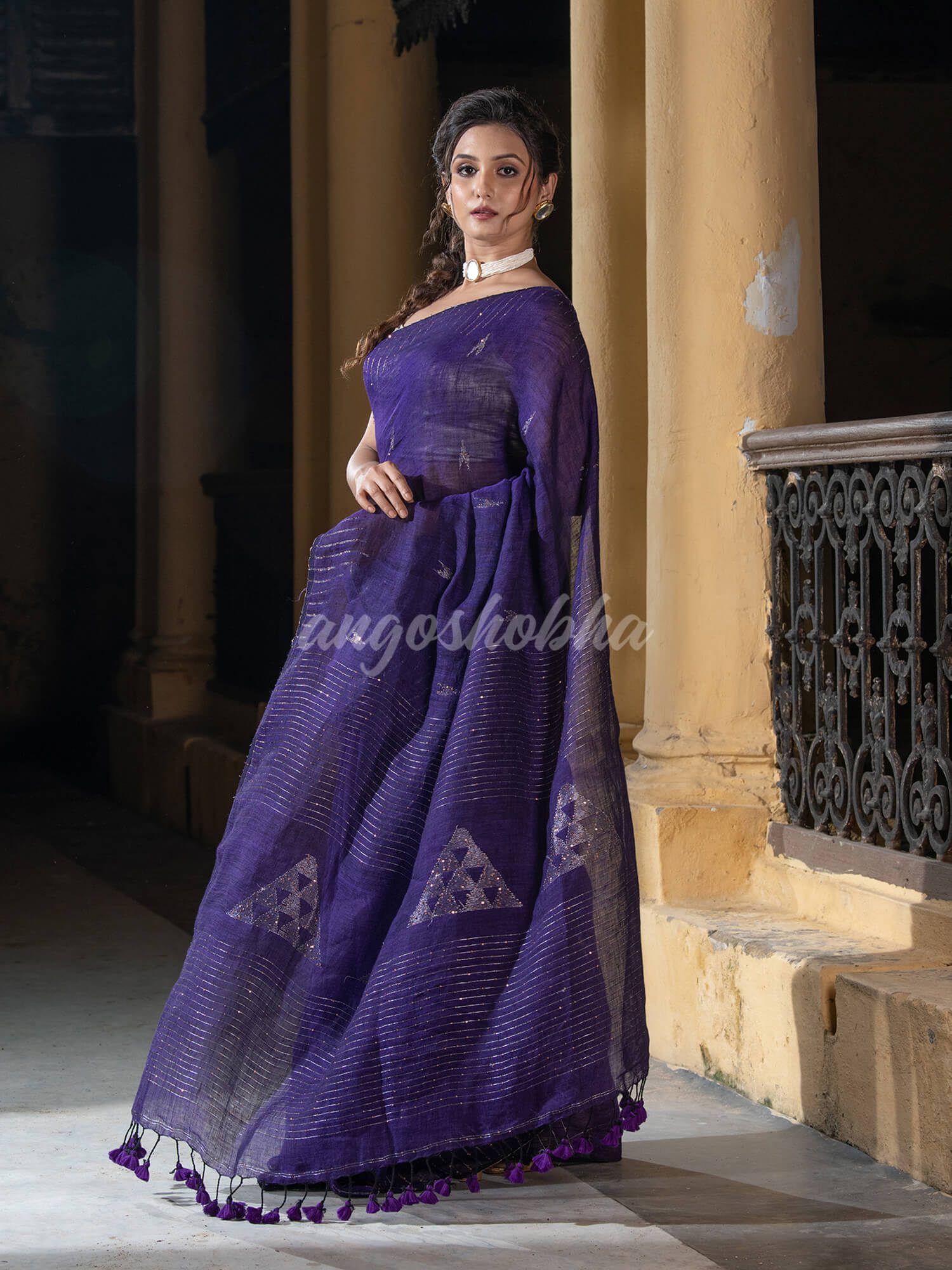Royal Blue Linen Sequin Work Handwoven Saree