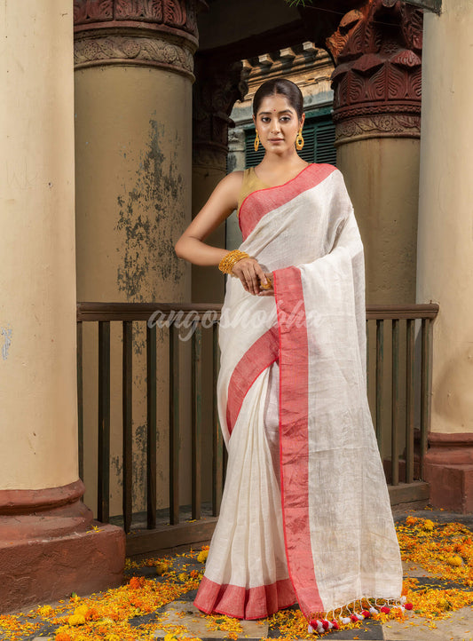 Off White Linen Red Border With Zari Pallu Handloom Saree