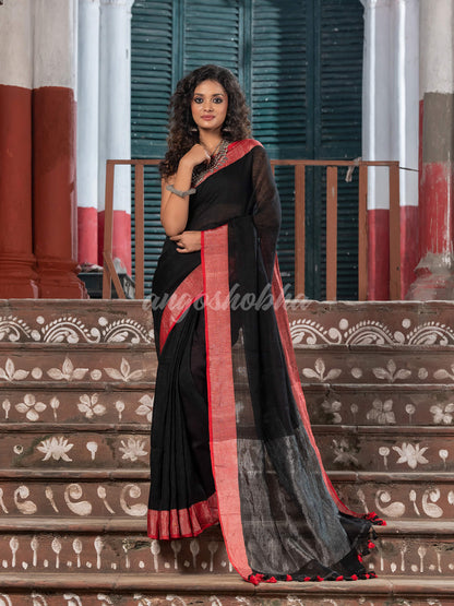 Black Linen Red Border With Zari Pallu Handloom Saree