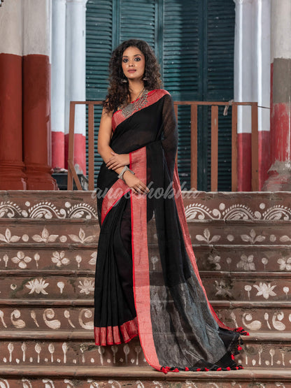 Black Linen Red Border With Zari Pallu Handloom Saree