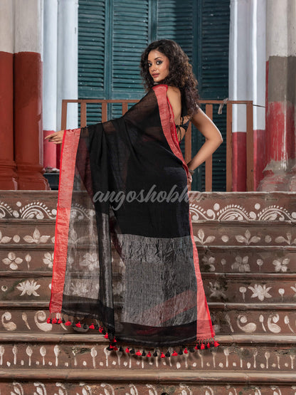 Black Linen Red Border With Zari Pallu Handloom Saree