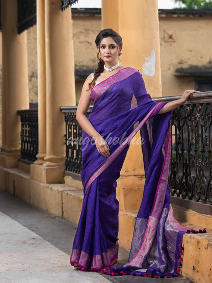 Admireable Blue Linen Pink Border With Zari Pallu Handloom Saree