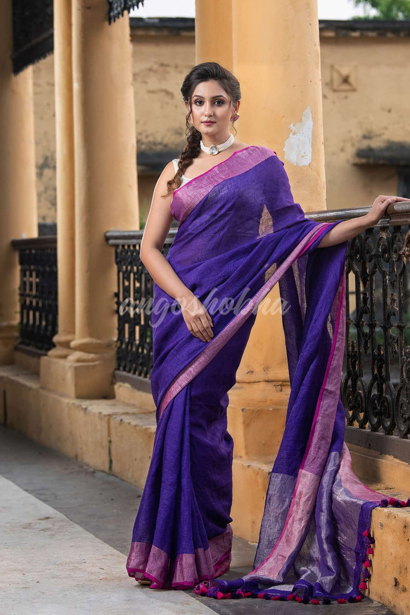 Admireable Blue Linen Pink Border With Zari Pallu Handloom Saree