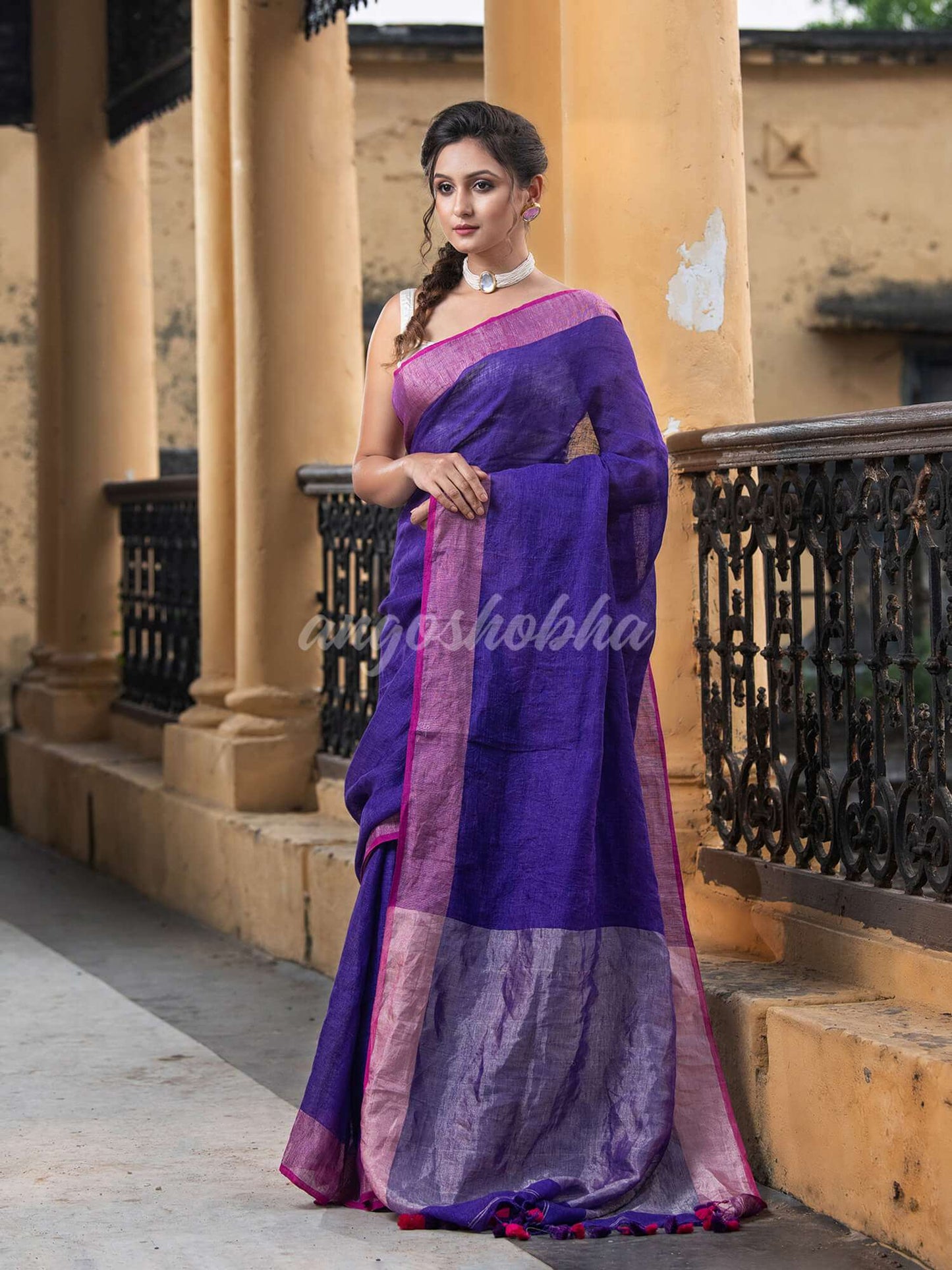 Admireable Blue Linen Pink Border With Zari Pallu Handloom Saree