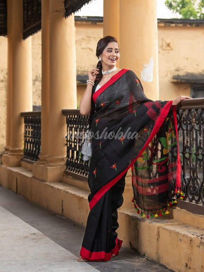 Black Linen All Body Buti With Red Border Jamdani Saree