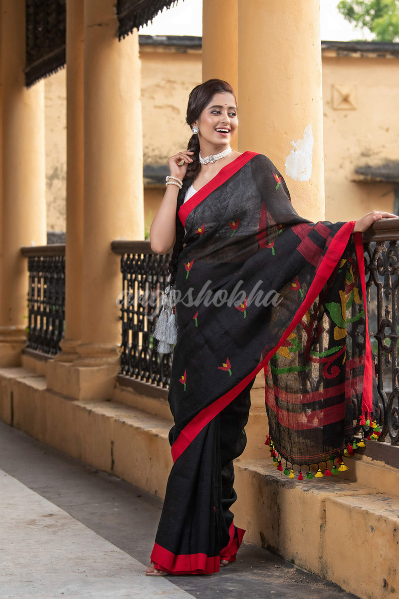Black Linen All Body Buti With Red Border Jamdani Saree
