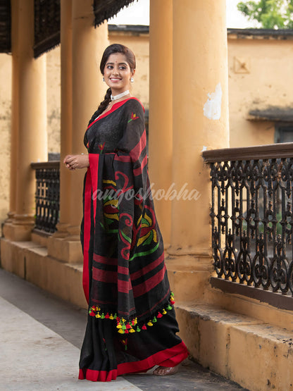 Black Linen All Body Buti With Red Border Jamdani Saree