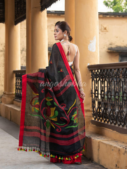 Black Linen All Body Buti With Red Border Jamdani Saree