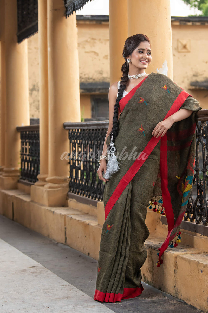 Sage Green Linen All Body Buti With Red Border Jamdani Saree