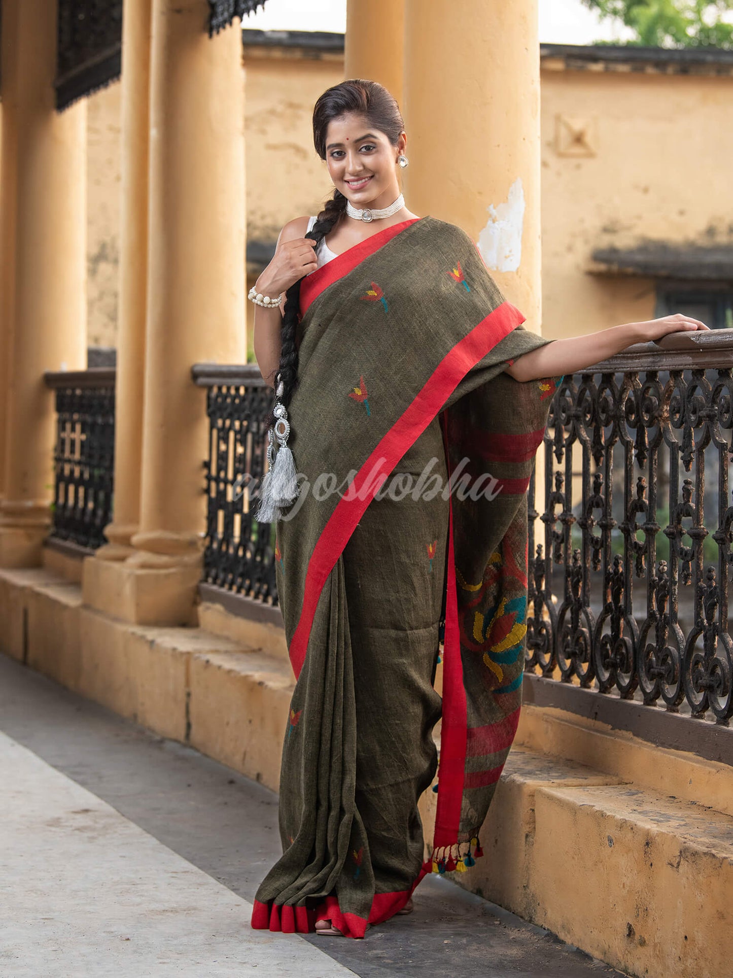 Sage Green Linen All Body Buti With Red Border Jamdani Saree