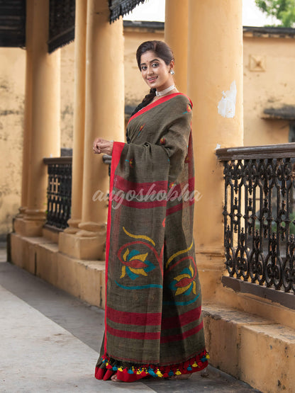 Sage Green Linen All Body Buti With Red Border Jamdani Saree