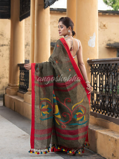 Sage Green Linen All Body Buti With Red Border Jamdani Saree