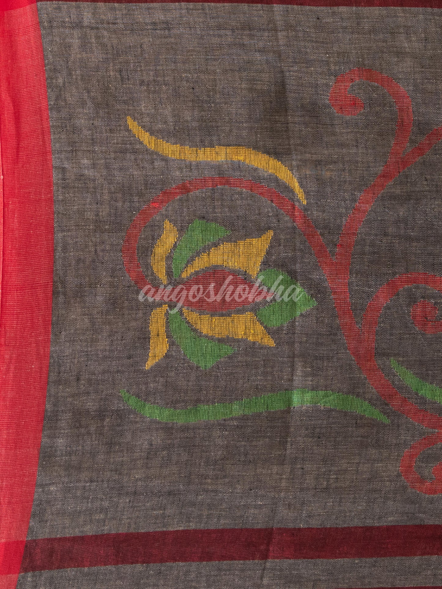 Sage Green Linen All Body Buti With Red Border Jamdani Saree