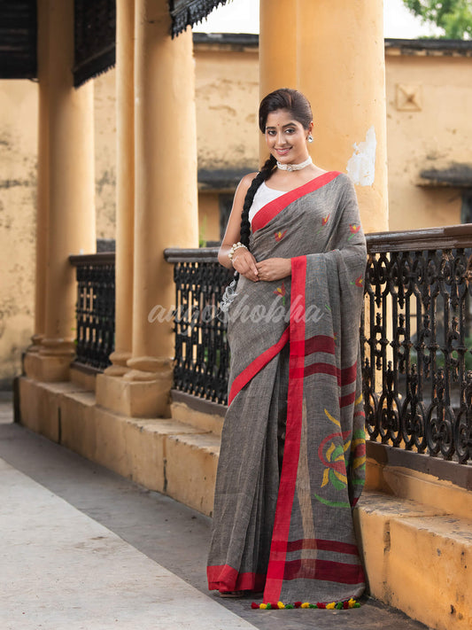 Grey Linen All Body Buti With Red Border Jamdani Saree