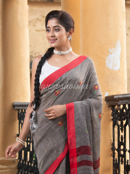 Grey Linen All Body Buti With Red Border Jamdani Saree