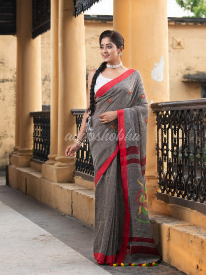 Grey Linen All Body Buti With Red Border Jamdani Saree