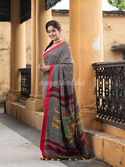 Grey Linen All Body Buti With Red Border Jamdani Saree