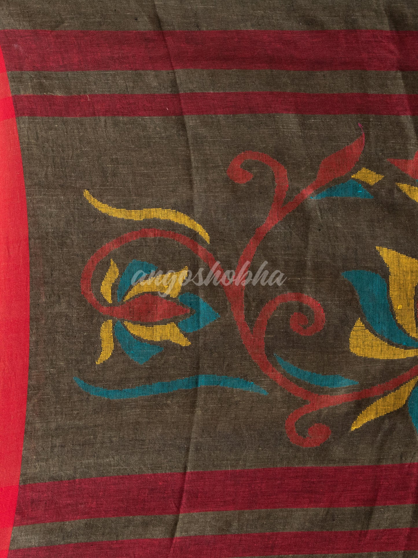 Grey Linen All Body Buti With Red Border Jamdani Saree