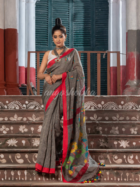 Grey Linen All Body Buti With Flowers Motive Pallu Jamdani Saree