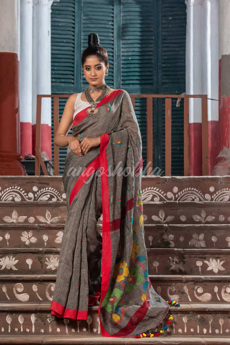 Grey Linen All Body Buti With Flowers Motive Pallu Jamdani Saree