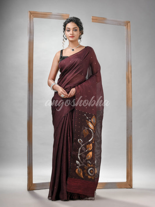 Traditional Maroon Matka Silk Sequin Soft Jamdani Saree