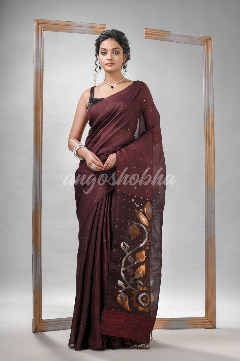 Traditional Maroon Matka Silk Sequin Soft Jamdani Saree