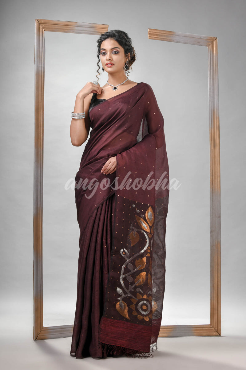 Traditional Maroon Matka Silk Sequin Soft Jamdani Saree