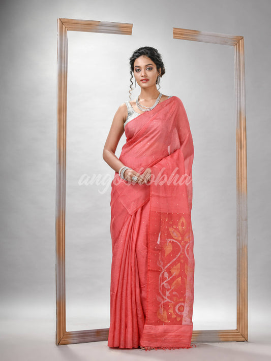 Traditional Peach Orange Matka Silk Sequin Soft Jamdani Saree