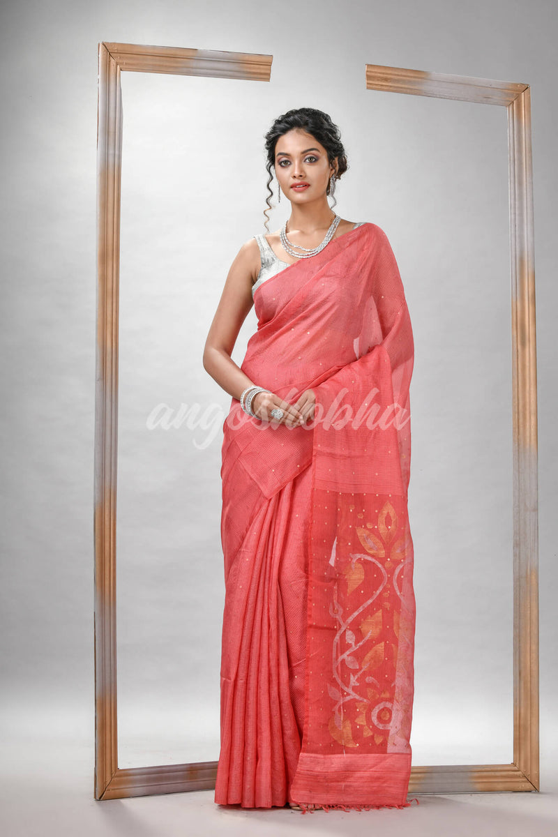 Traditional Peach Orange Matka Silk Sequin Soft Jamdani Saree