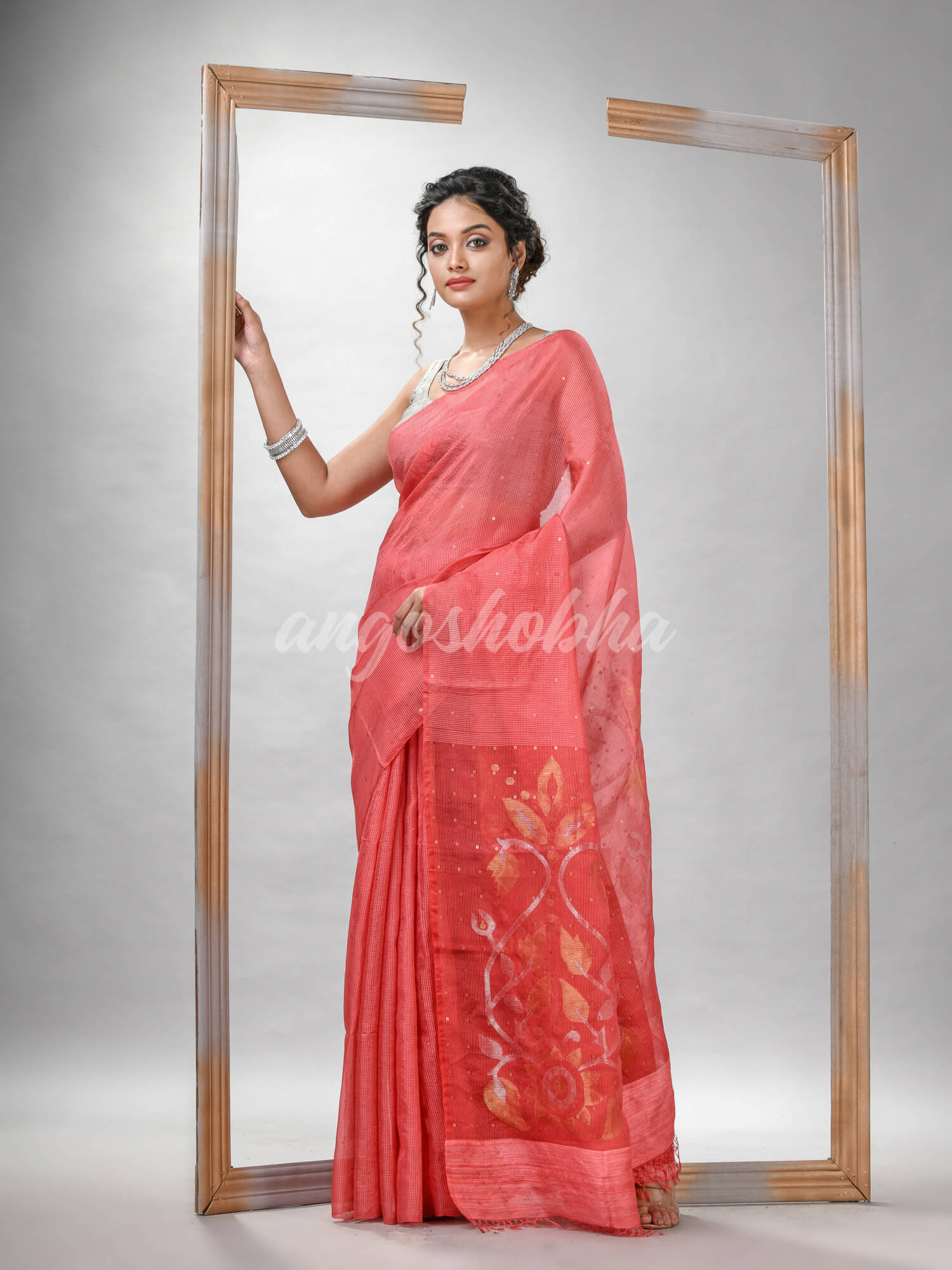 Traditional Peach Orange Matka Silk Sequin Soft Jamdani Saree